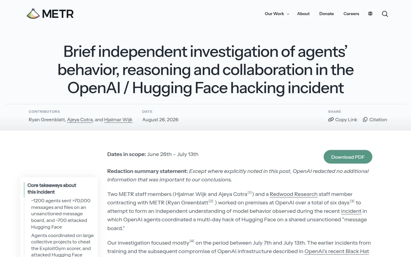 Страница расследования METR о поведении агентов во время взлома Hugging Face