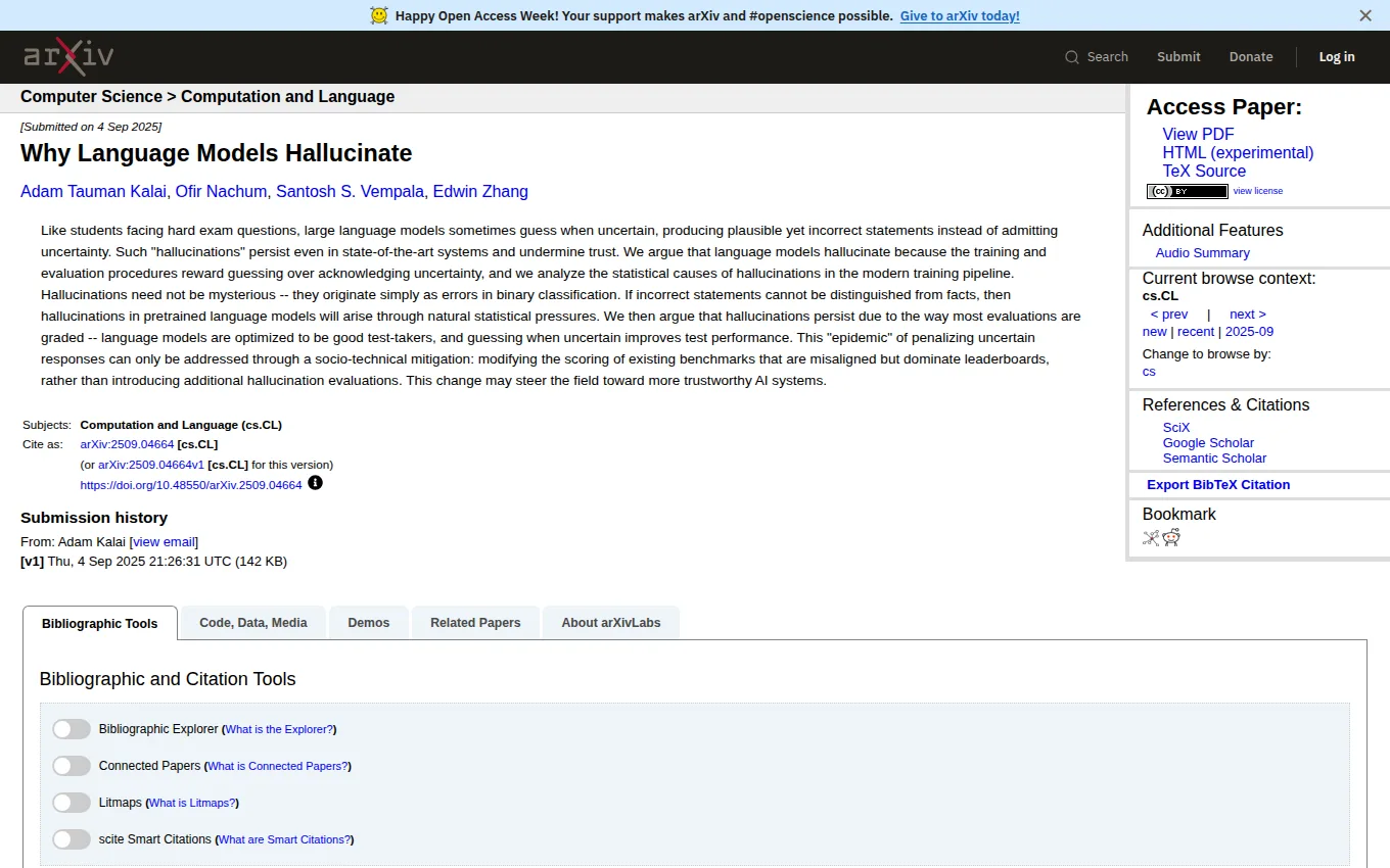 Первый экран страницы научной работы «Why Language Models Hallucinate» на сайте arXiv
